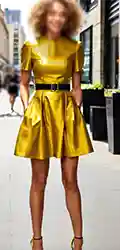 Woman in yellow dress on city street